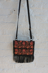 Zelda Embroidered Suede Saddle Bag in Black & Fawn Vines
