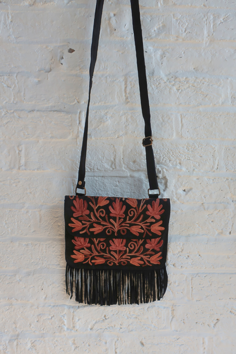 Zelda Embroidered Suede Saddle Bag in Black & Fawn Vines