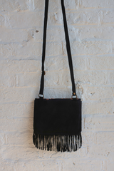 Zelda Embroidered Suede Saddle Bag in Black & Fawn Vines