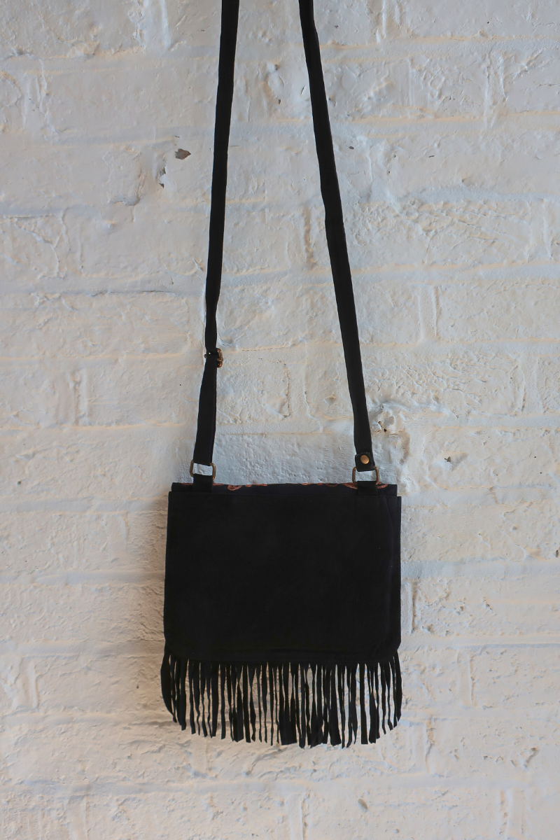 Zelda Embroidered Suede Saddle Bag in Black & Fawn Vines