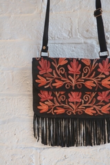 Zelda Embroidered Suede Saddle Bag in Black & Fawn Vines