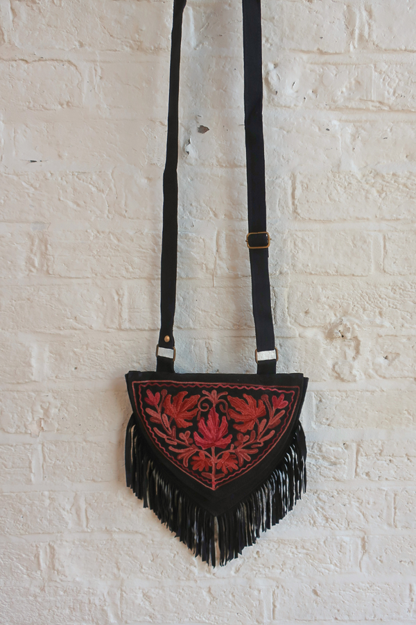 Zelda Embroidered Suede Saddle Bag in Black & Cranberry Maple Leaves