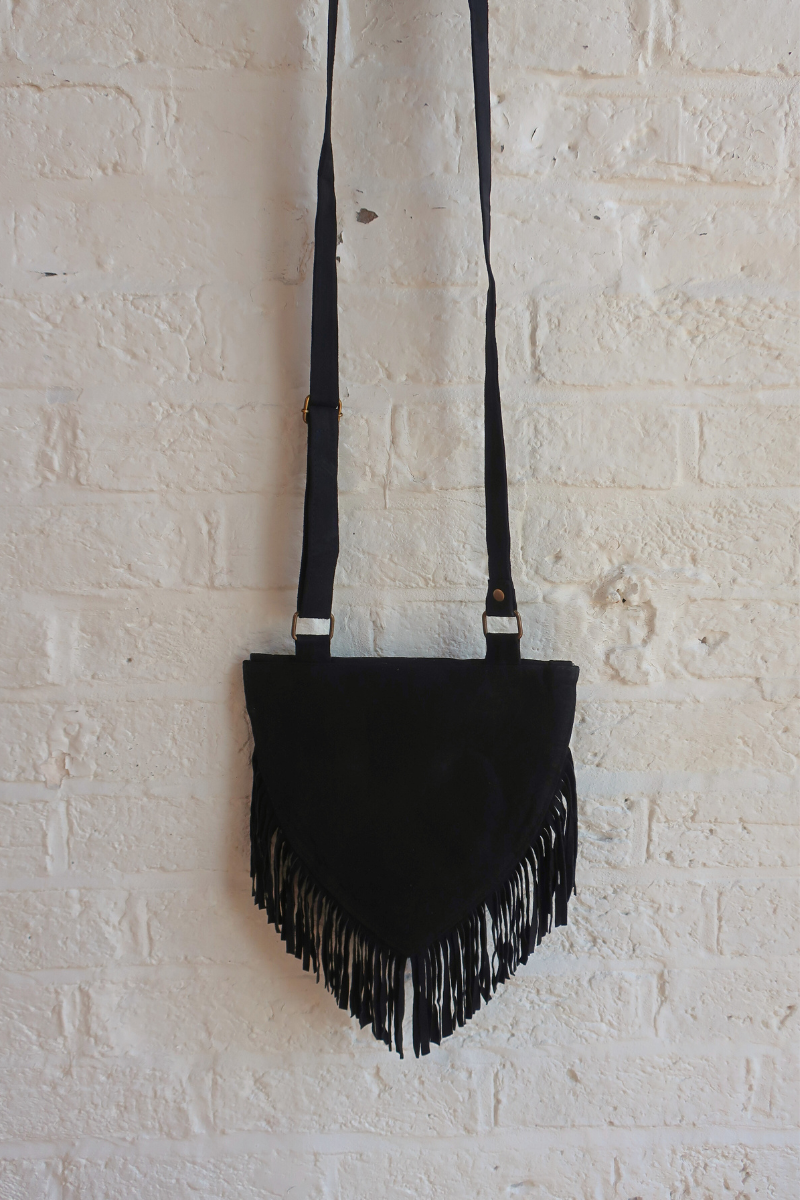 Zelda Embroidered Suede Saddle Bag in Black & Cranberry Maple Leaves