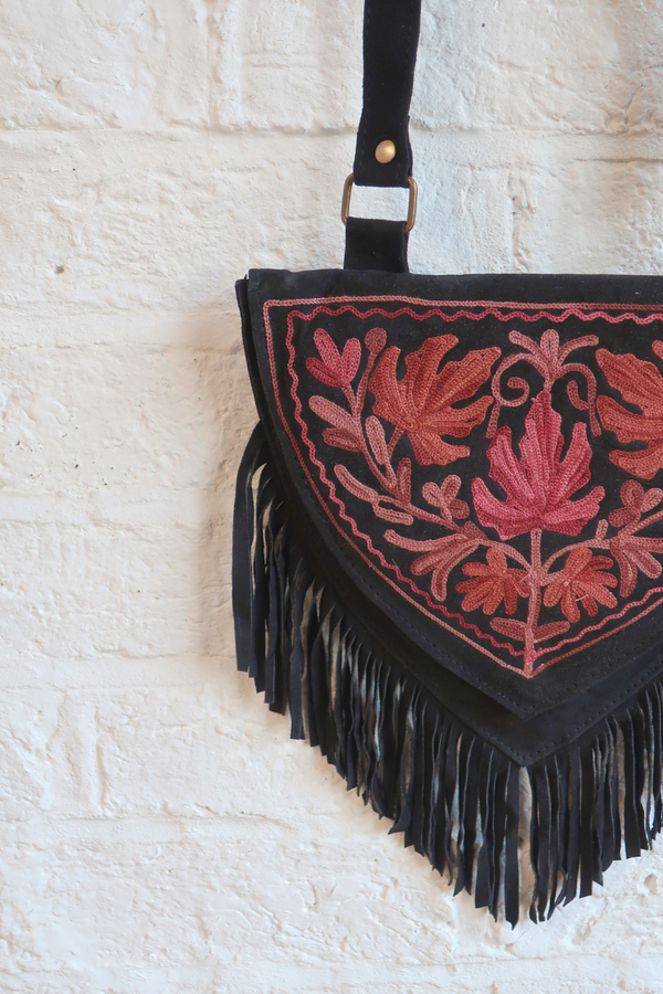 Zelda Embroidered Suede Saddle Bag in Black & Cranberry Maple Leaves