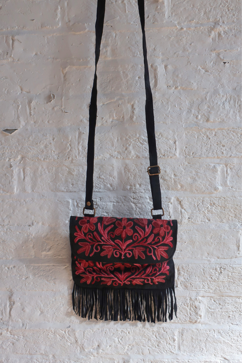 Zelda Embroidered Suede Saddle Bag in Black & Burgundy Flowers