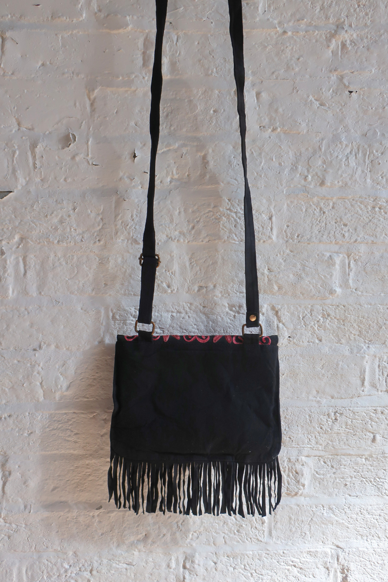 Zelda Embroidered Suede Saddle Bag in Black & Burgundy Flowers