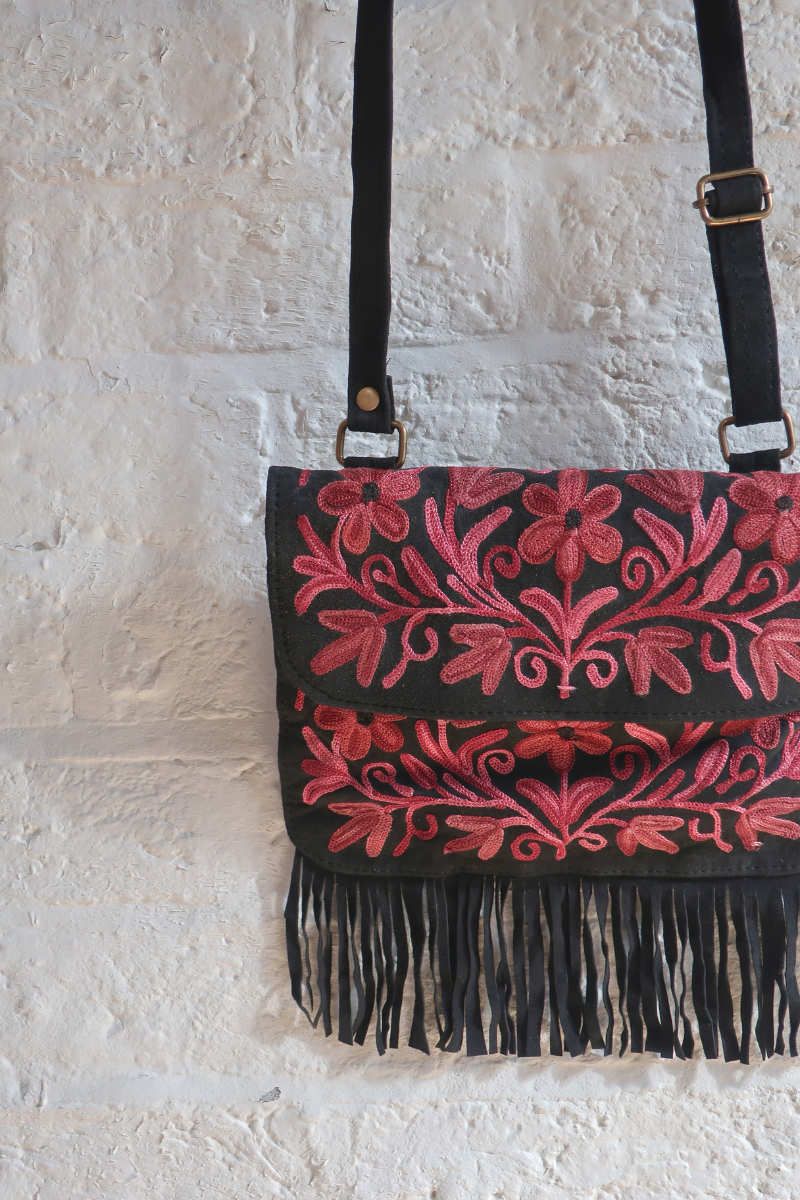 Zelda Embroidered Suede Saddle Bag in Black & Burgundy Flowers