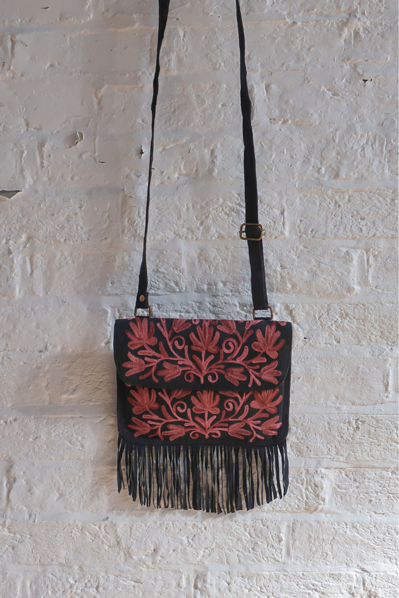 Zelda Embroidered Suede Saddle Bag in Black & Hibiscus Vines