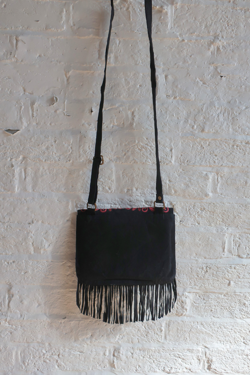 Zelda Embroidered Suede Saddle Bag in Black & Hibiscus Vines