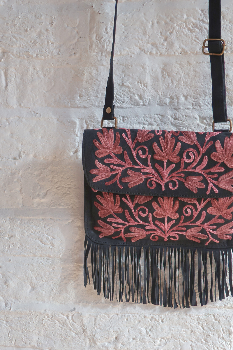 Zelda Embroidered Suede Saddle Bag in Black & Hibiscus Vines