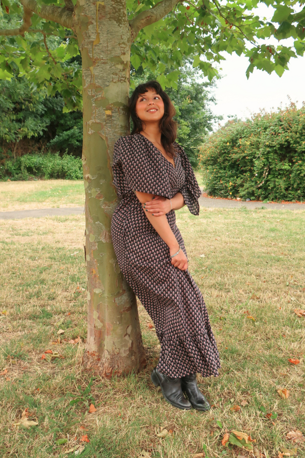 Martha Maxi Dress in Black Ditsy Cosmos - S/M