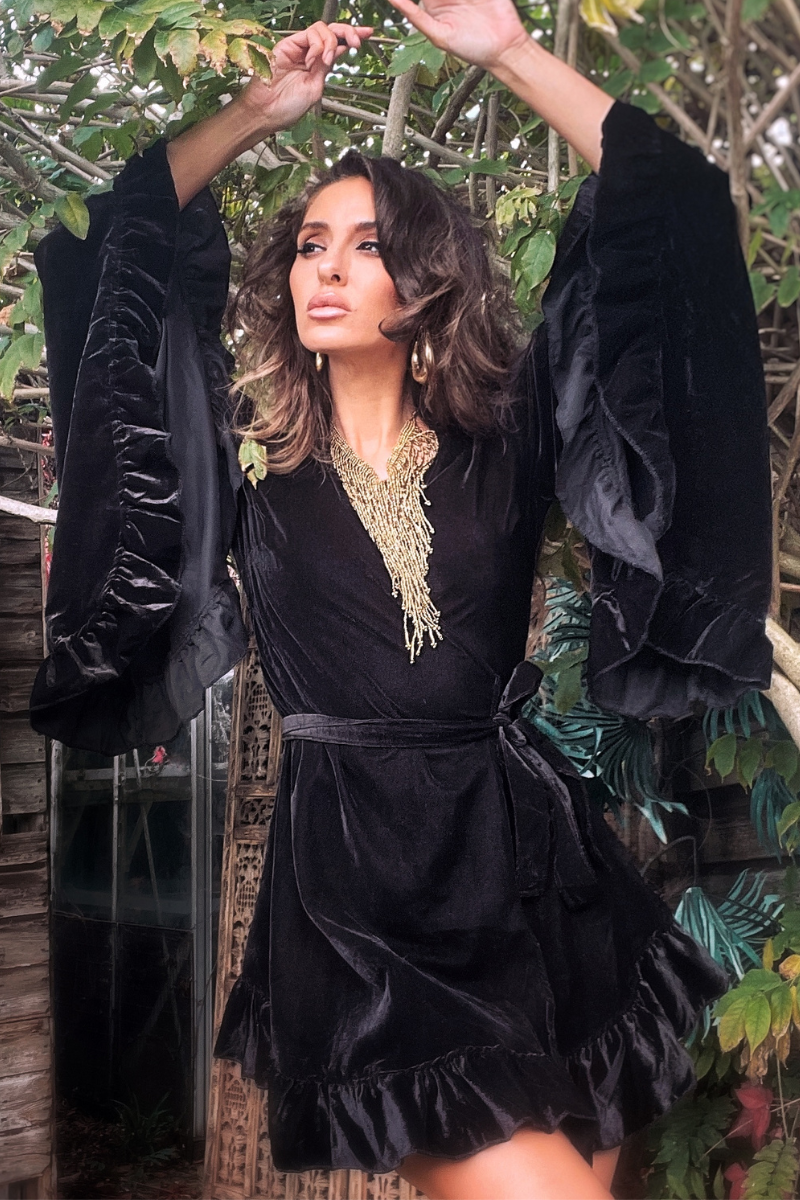 Khroma Venus Mini Wrap Dress in Morticia Black Velvet