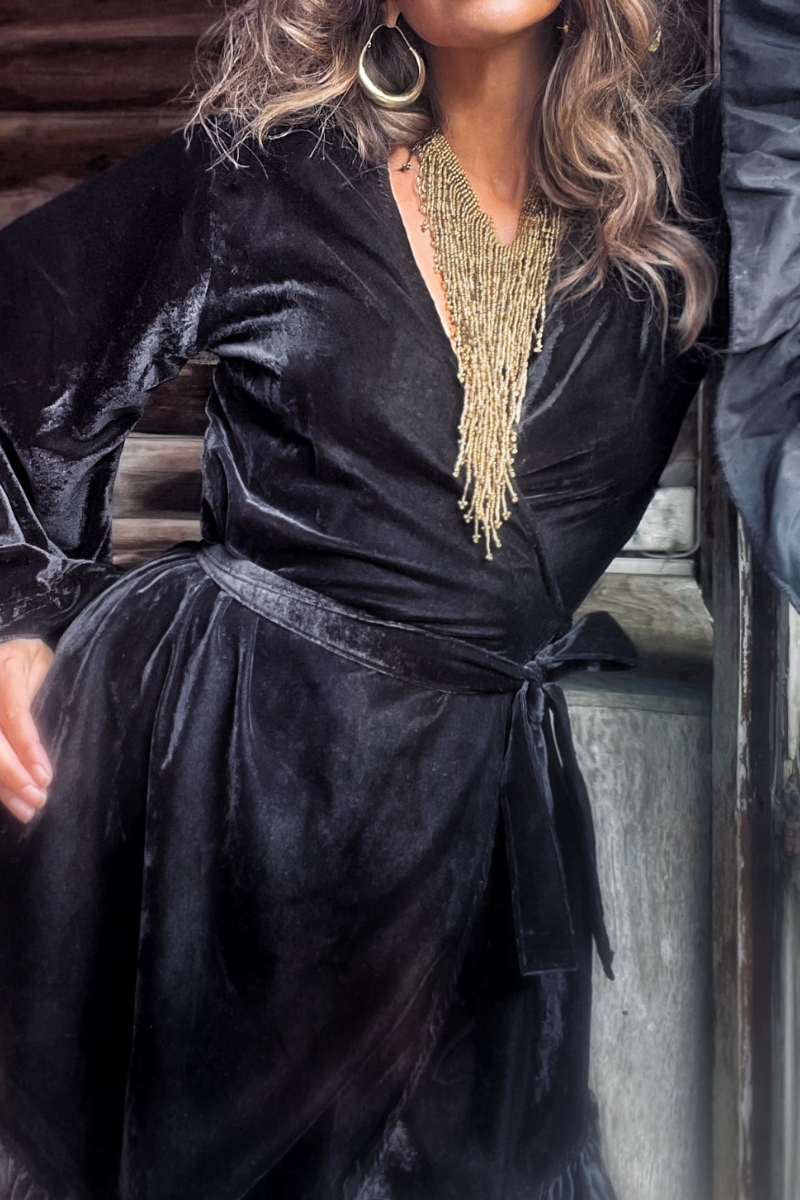 Khroma Venus Mini Wrap Dress in Morticia Black Velvet