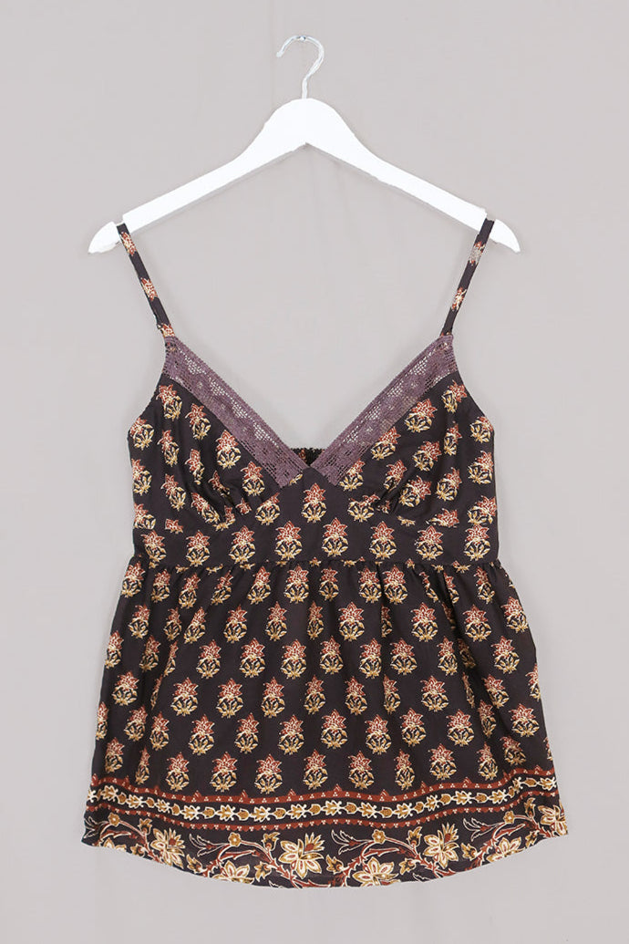 Isobel Cami Top in Saddle Brown Block Print Floral
