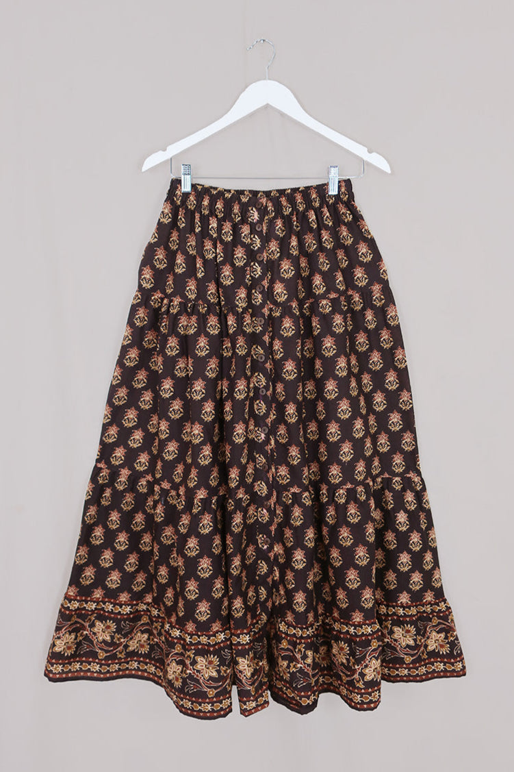 Georgie Button Up Skirt in Saddle Brown Block Print Floral