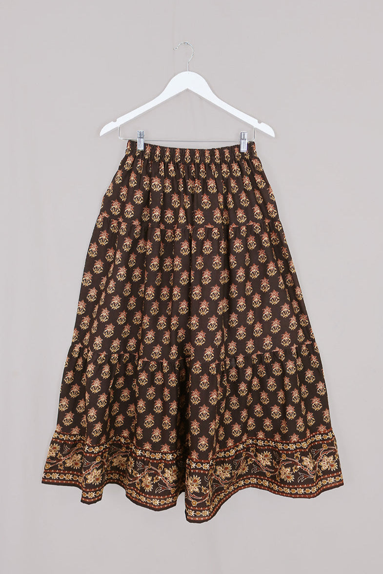 Georgie Button Up Skirt in Saddle Brown Block Print Floral