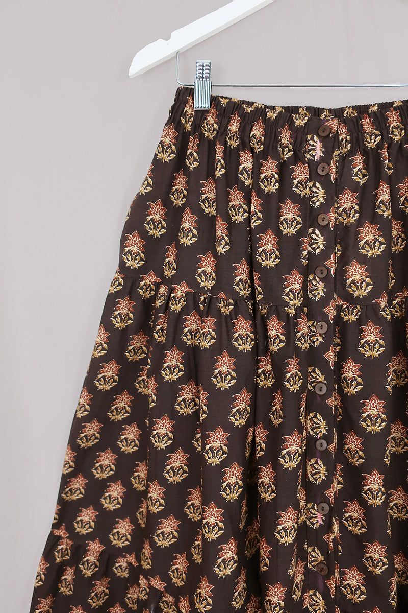 Georgie Button Up Skirt in Saddle Brown Block Print Floral