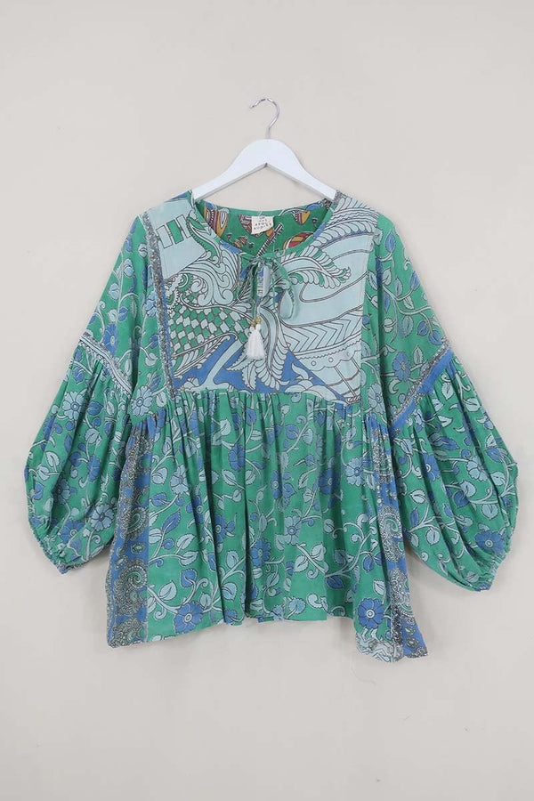 Daisy Boho Top - Gemstone Green & Sky Flowers - Vintage Indian Cotton - Size S/M By All About Audrey