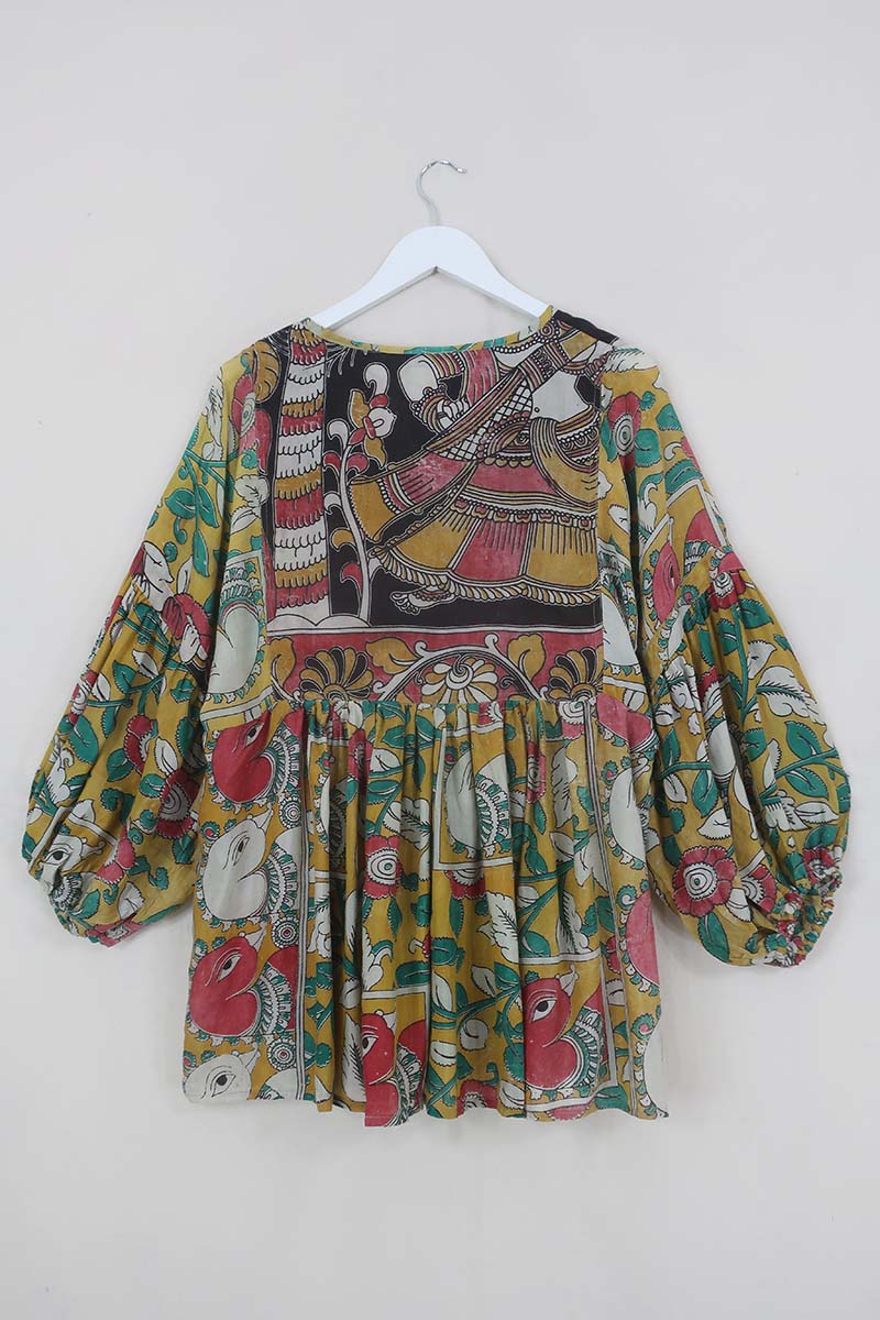 Daisy Boho Top - Faded Turmeric Partridge Portrait - Vintage Indian Cotton - Size M/L by All About Audrey