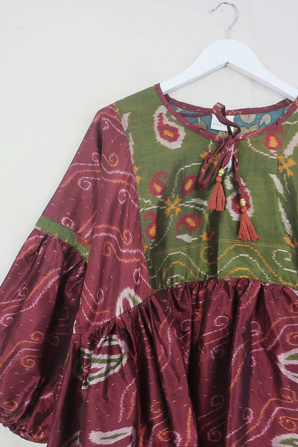 Daisy Boho Top - Maroon & Emerald Iridescent Ikat - Vintage Indian Cotton - Size L/XL by All About Audrey