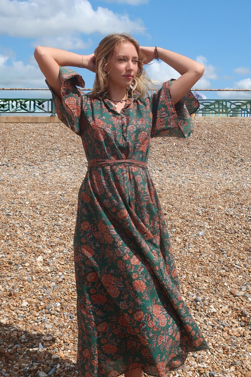 Apollo 70s Boho Maxi Kaftan Dress | Palm Green