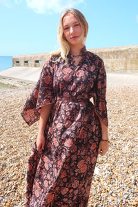 block print indian kaftan midi bohemian hippie cotton apollo dress 70s boho floral print sparkly adini style angel sleeve in onyx black by all about audrey