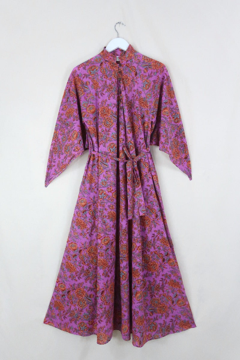block print indian kaftan midi bohemian hippie cotton apollo dress 70s boho floral print sparkly adini style angel sleeve in pink violet by all about audrey