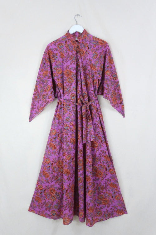 block print indian kaftan midi bohemian hippie cotton apollo dress 70s boho floral print sparkly adini style angel sleeve in pink violet by all about audrey