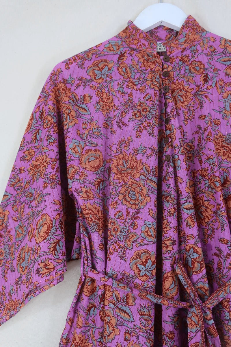 block print indian kaftan midi bohemian hippie cotton apollo dress 70s boho floral print sparkly adini style angel sleeve in pink violet by all about audrey