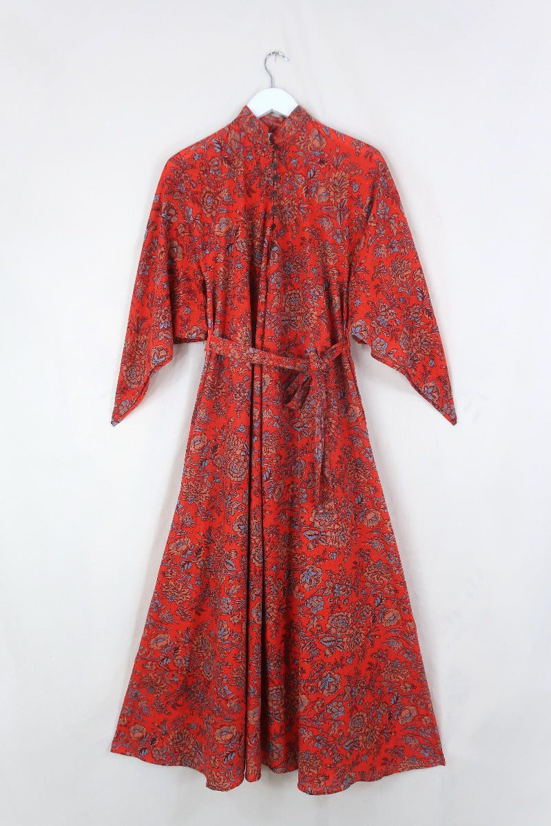 block print indian kaftan midi bohemian hippie cotton apollo dress 70s boho floral print sparkly adini style angel sleeve in coral orange by all about audrey