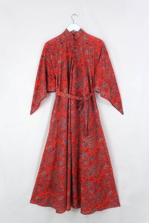 block print indian kaftan midi bohemian hippie cotton apollo dress 70s boho floral print sparkly adini style angel sleeve in coral orange by all about audrey