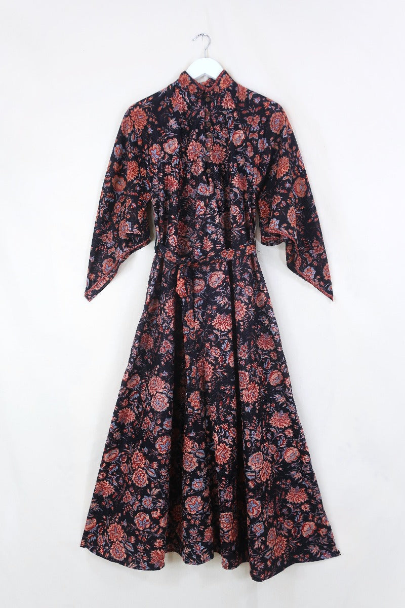 block print indian kaftan midi bohemian hippie cotton apollo dress 70s boho floral print sparkly adini style angel sleeve in onyx black by all about audrey