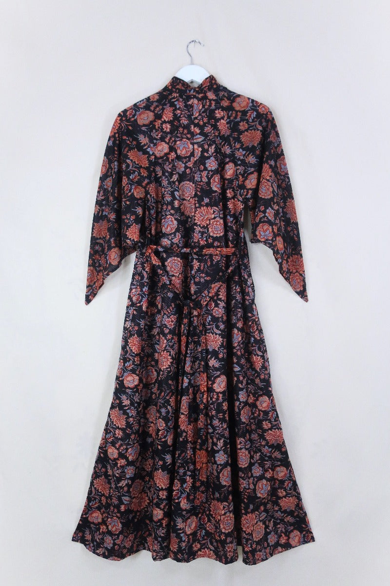 block print indian kaftan midi bohemian hippie cotton apollo dress 70s boho floral print sparkly adini style angel sleeve in onyx black by all about audrey