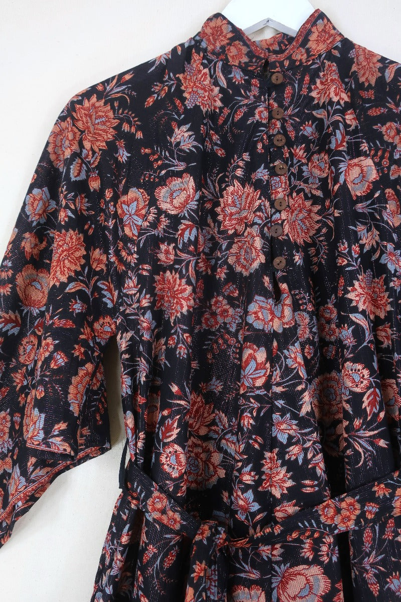block print indian kaftan midi bohemian hippie cotton apollo dress 70s boho floral print sparkly adini style angel sleeve in onyx black by all about audrey