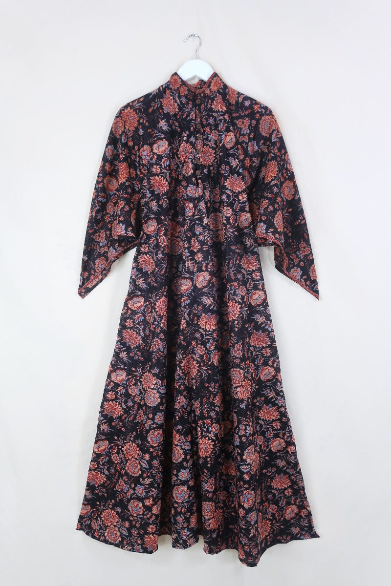 block print indian kaftan midi bohemian hippie cotton apollo dress 70s boho floral print sparkly adini style angel sleeve in onyx black by all about audrey