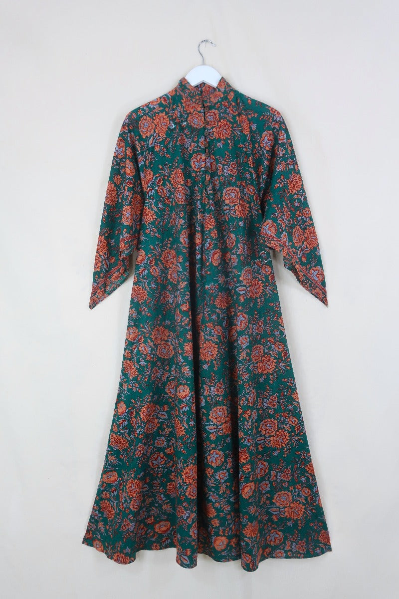 block print indian kaftan midi bohemian hippie cotton apollo dress 70s boho floral print sparkly adini style angel sleeve in palm green by all about audrey