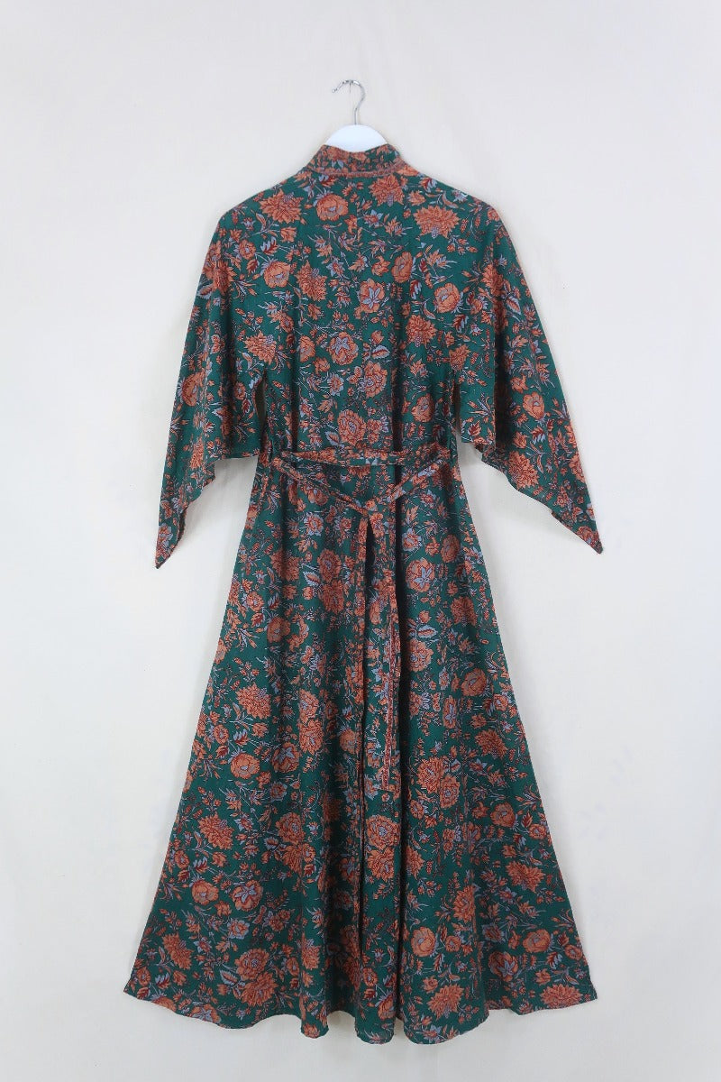 block print indian kaftan midi bohemian hippie cotton apollo dress 70s boho floral print sparkly adini style angel sleeve in palm green by all about audrey