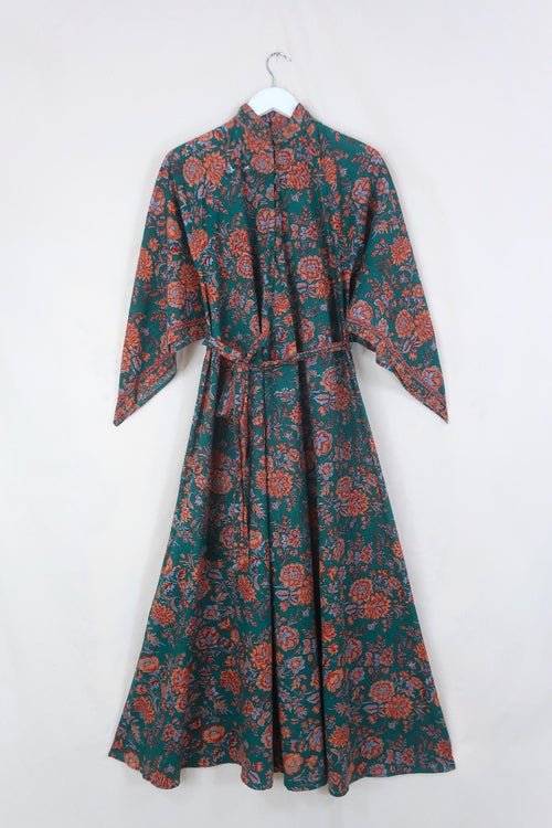 block print indian kaftan midi bohemian hippie cotton apollo dress 70s boho floral print sparkly adini style angel sleeve in palm green by all about audrey