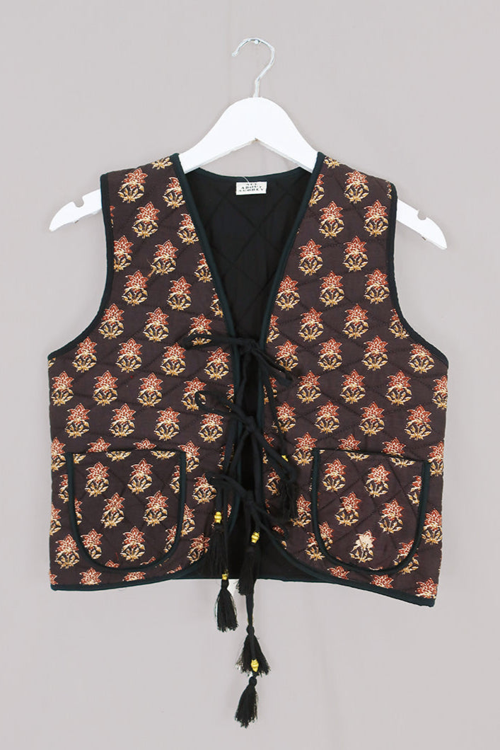 Dixie Quilted Waistcoat Top in Saddle Brown Block Print Floral