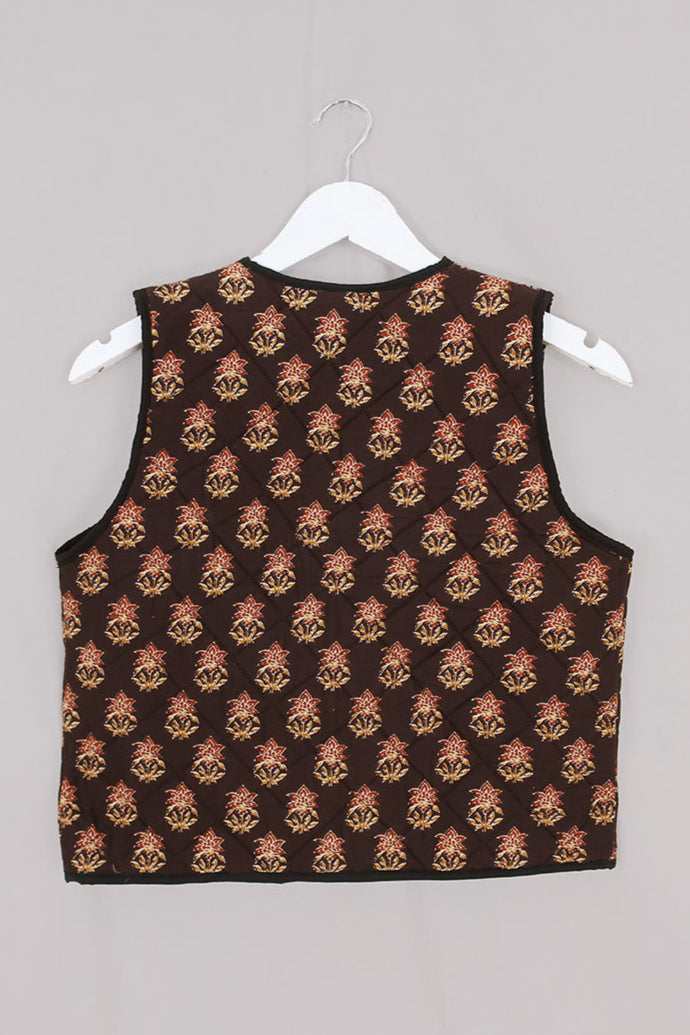 Dixie Quilted Waistcoat Top in Saddle Brown Block Print Floral