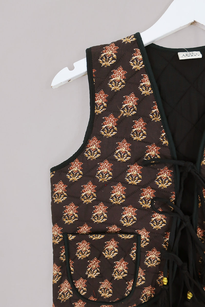 Dixie Quilted Waistcoat Top in Saddle Brown Block Print Floral