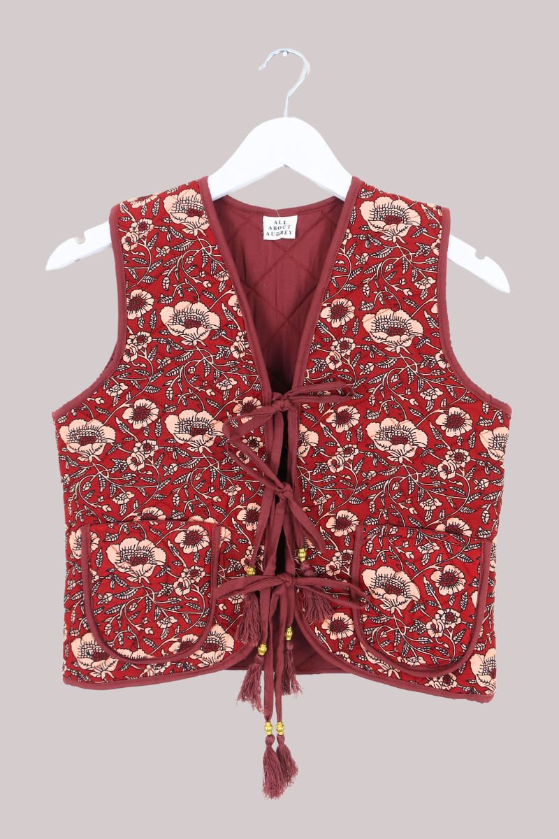 Dixie Quilted Waistcoat Top in Poppy Red Block Print Floral