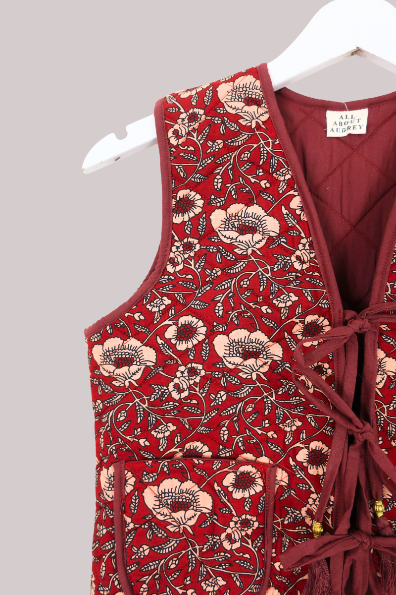 Dixie Quilted Waistcoat Top in Poppy Red Block Print Floral
