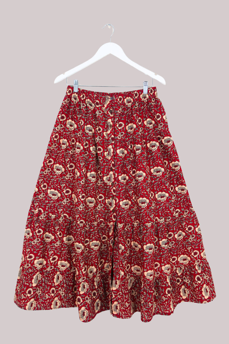 Georgie Button Up Skirt in Poppy Red Block Print Floral