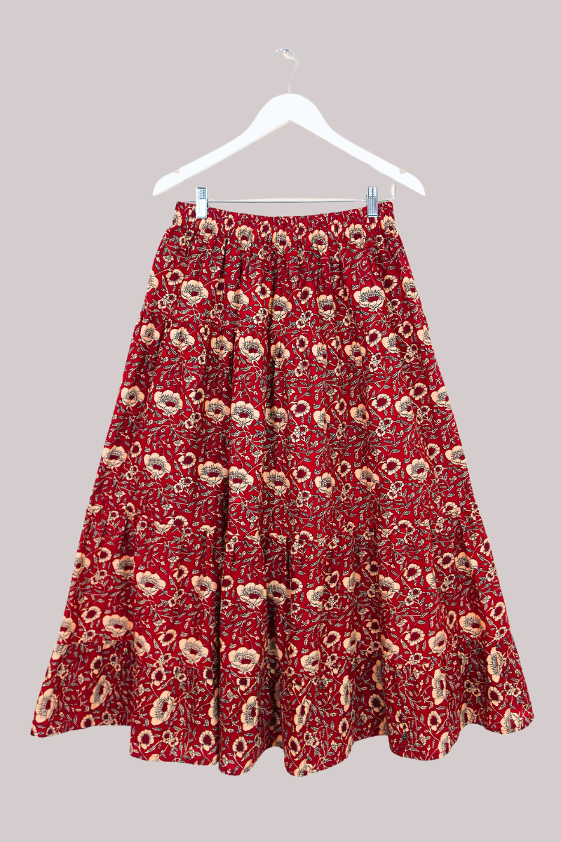 Georgie Button Up Skirt in Poppy Red Block Print Floral