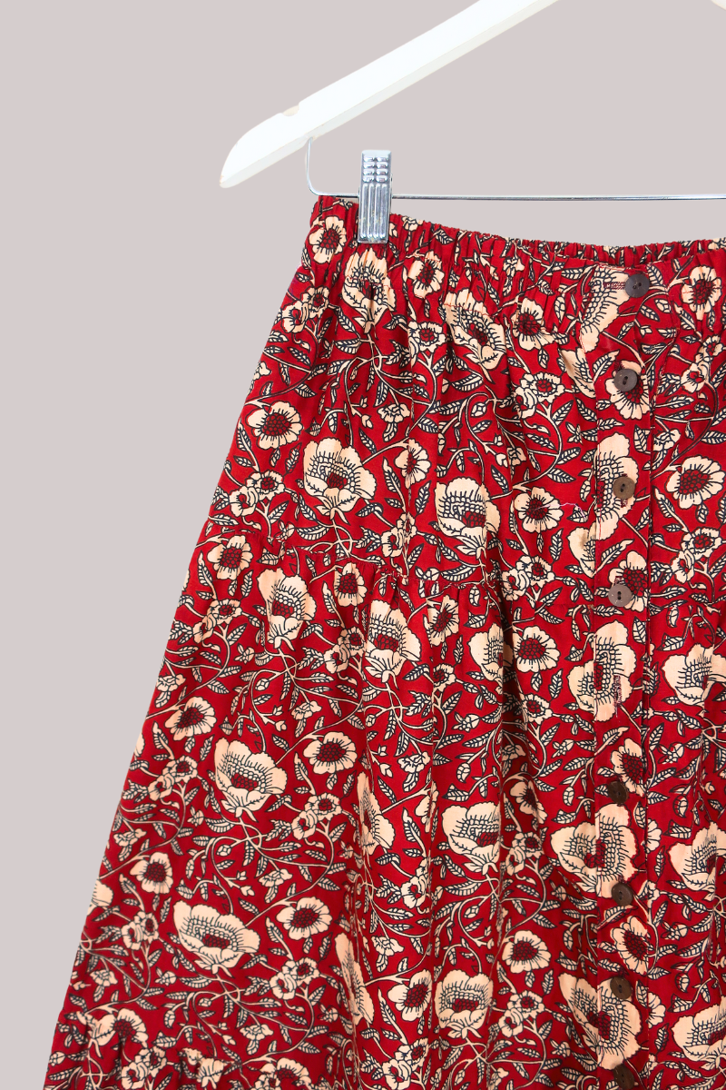 Georgie Button Up Skirt in Poppy Red Block Print Floral