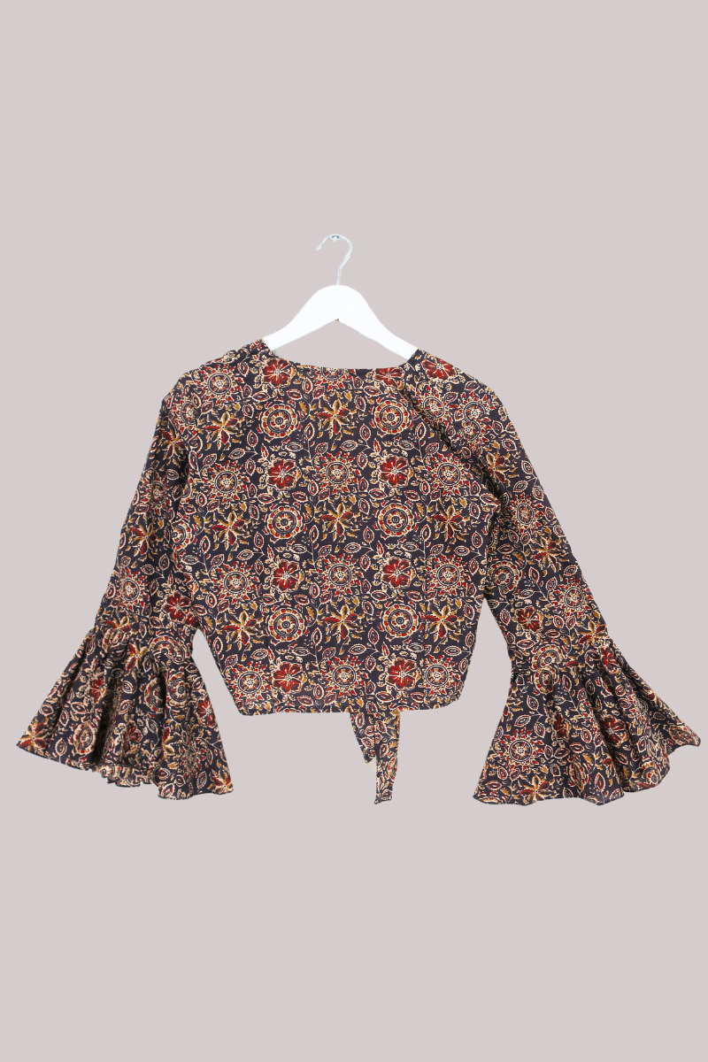 Sylvia Wrap Top in Umber Brown Block Print Floral
