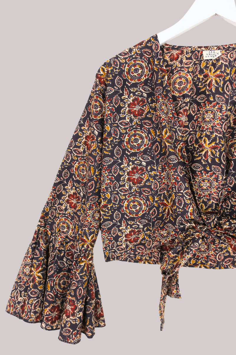 Sylvia Wrap Top in Umber Brown Block Print Floral