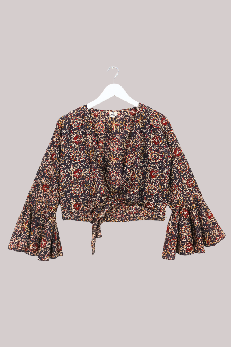Sylvia Wrap Top in Umber Brown Block Print Floral