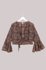 Sylvia Wrap Top in Umber Brown Block Print Floral